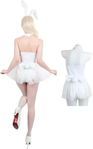 Vista 6 de FCCAM - Disfraz de conejo para mujer, overol blanco de una pieza con cola de conejo, niña de Halloween, cosplay