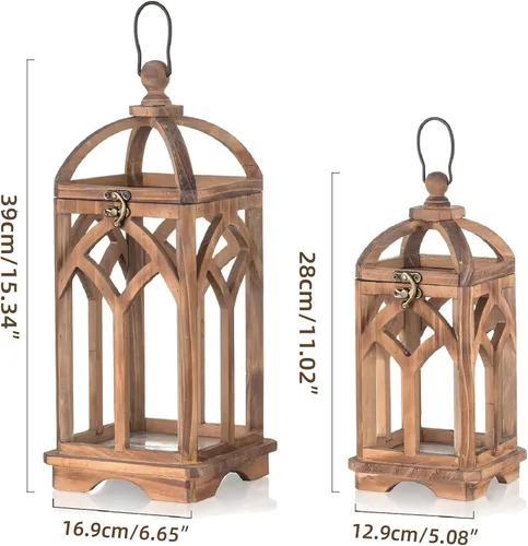 Vista 2 de Faroles de casa de campo decorativos para interior: 11 y 15 pulgadas, juego de 2 candelabros de madera marrón para centro de mesa, chimenea, manto