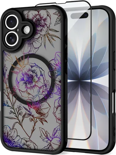 Vista 31 de OOK Funda magnética para iPhone 13 Pro Max [compatible con MagSafe] Funda delgada translúcida mate con flor silvestre negra, protección para lente