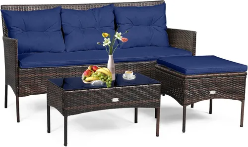 Vista 10 de RELAX4LIFE Juego seccional de muebles de patio de 3 piezas, conversación de mimbre de ratán con 5 cómodos cojines de asiento y respaldo, mesa