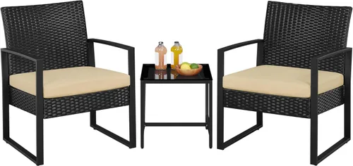 Vista 11 de YAHEETECH - muebles de patio conjuntos para interior o al aire libre. de mimbre moderno, juego de mesa auxiliar bistró, 3 piezas Negro /Gris