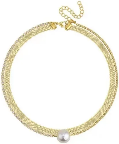 Vista 2 de Lun Detalle de oro de 18 quilates con colgante de perlas CZ collar de perlas artificiales boho collar de diamantes de imitación collar en capas