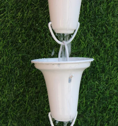 Vista 4 de KAM Home - Cadena de lluvia acampanada con adaptador de canaleta de perno de latón para instalación de cadena de lluvia (blanco, 13)