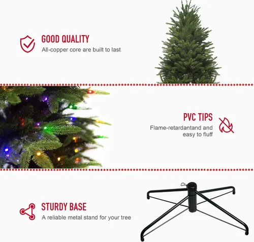 Vista 4 de Árbol de Navidad preiluminado de 7.5 pies con luces, árbol de Navidad artificial de abeto con 350 LED multicolor, ramas con bisagras de fácil