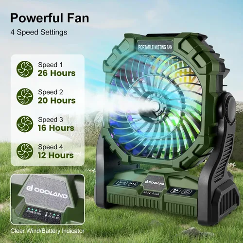 Vista 8 de Odoland Ventilador portátil para campamento con linterna LED, ventilador recargable a batería de 20,000 mAh con función de nebulización y luz