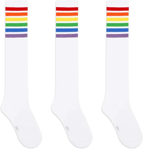 Vista 5 de KONY Calcetines altos de algodón a rayas de colores arcoíris hasta la rodilla para mujer, 13 pares, cómodos, para mantenerse en marcha, el mejor