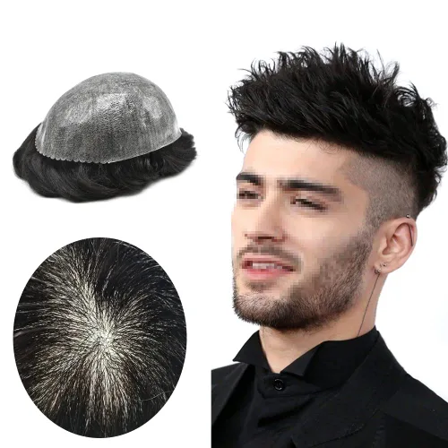 Vista 368 de Toupee para hombre 100% cabello humano real tupé para hombres 0.004 in piel de poliuretano para hombre, sistema de reemplazo de piezas de pelo