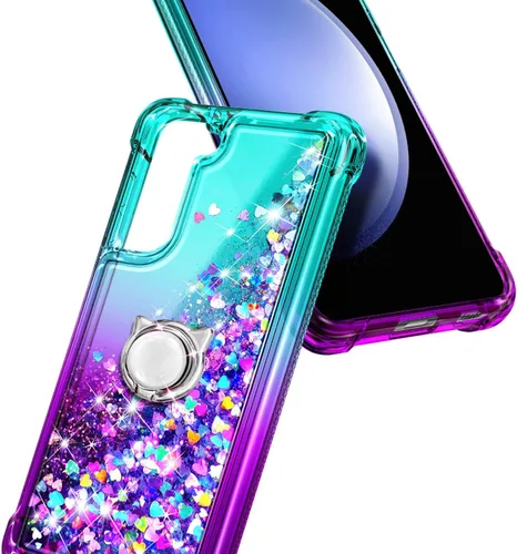 Vista 5 de Funda compatible con Samsung Galaxy S24-FE Aqua/Purple Funda líquida flotante con purpurina linda con protector de pantalla de vidrio templado