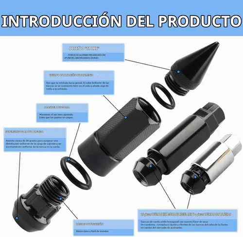 Vista 5 de 20 Piezas Picos Antirrobo Extendidos Sintonizador Rueda/Llantas Tuerca de Orejeta M12X1.5+Llave (Negro)