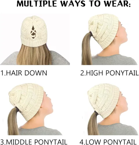 Vista 5 de DANMY Gorro de cola de caballo para mujer, gorro de moño con agujero para cola de caballo, gorro de punto cálido de invierno