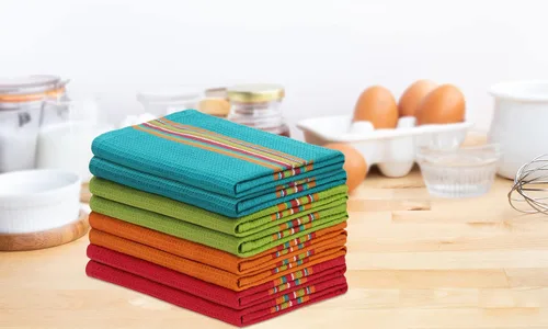 Vista 8 de Cotton Craft - Paquete de 12 paños de cocina con rayas salsa multicolores 100 por ciento naturales, de 16" x 28" 16x28 inch Multi - Absorbent
