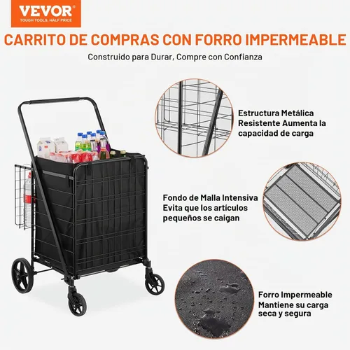 Vista 2 de VEVOR Carrito de compras plegable con forro impermeable extraíble, carrito de comestibles jumbo de gran capacidad de 330 libras con canasta doble