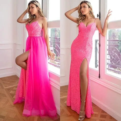 Vista 4 de TRHTX Sexy sirena lentejuelas vestidos de fiesta con abertura cuello en V vestidos formales vestidos de fiesta espagueti con cola desmontable WZY69