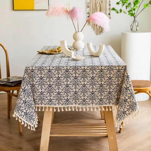 Vista 6 de YUURAINVUVU Mantel de mesa color crema con margaritas azules, manteles rústicos de lino de algodón, manteles de arpillera para cocina, comedor