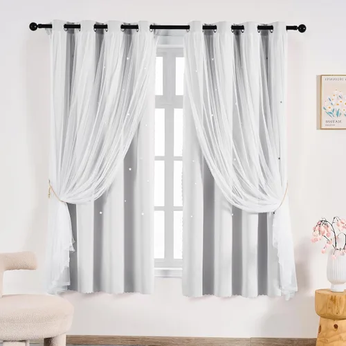 Vista 27 de Anytime - Cortinas para dormitorio de niñas con estrella hueca, cortinas opacas para habitación de niños, cortinas largas para oscurecer