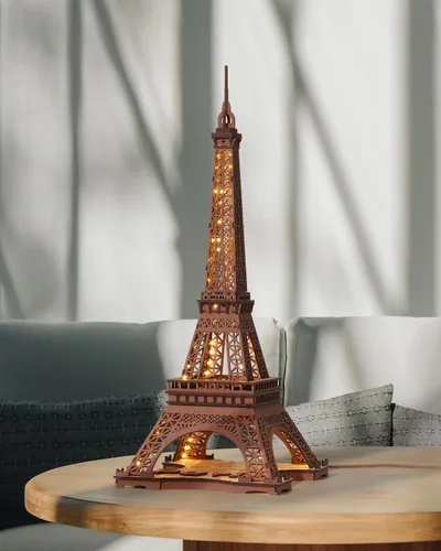Vista 2 de Rowood Torre Eiffel, kits de modelos de rompecabezas 3D para adultos, rompecabezas de madera 3D DIY para adultos, juego de construcción con LED