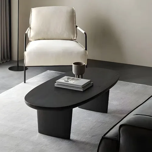 Vista 5 de RUNNUP Mesa de centro de madera negra ovalada, moderna, mesa de centro de decoración para sofá, mesa de cóctel para apartamento pequeño, sala