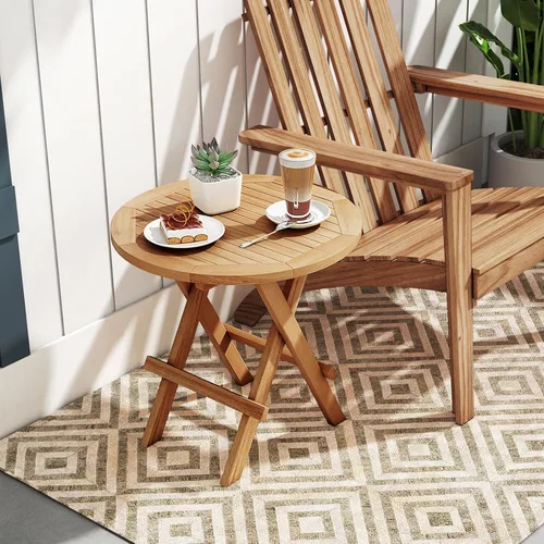 Vista 8 de RELAX4LIFE Mesa auxiliar plegable para exteriores, juego de 2 mesas auxiliares de madera de teca, mesa redonda de café bistró con mesa de listones