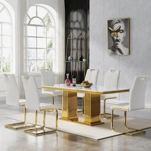 Vista 23 de 5 Piece Black Marble Dining Table Set for 4, Modern Faux Marble Kitchen Dining Room Tables with 4 Leather Chairs Set, 68.11" Luxury Rectangular