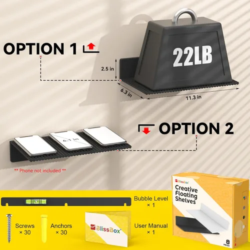 Vista 2 de BlissBox - Paquete de 8 estantes flotantes para pared compatibles con Negro
