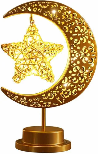 Vista 7 de Lámpara de luna con globo colgante, lámpara de mesa decorativa de luna creciente, funciona con pilas, decoración islámica de metal retro, luz LED