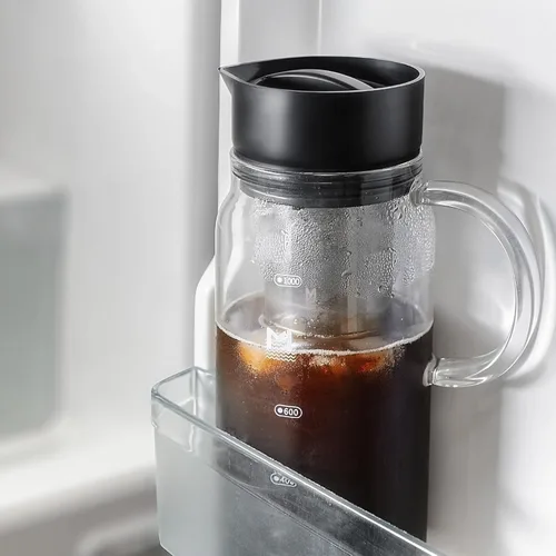Vista 4 de Cafetera de café frío, jarra de café helado de 34 oz/1 L con filtro de acero inoxidable extraíble, jarra de cerveza fría de vidrio para café helado
