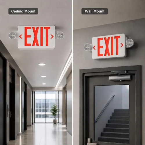 Vista 8 de Señal de salida LED rojo con luces de emergencia, dos luces de salida de emergencia de cabeza ajustable con batería de respaldo, lámpara LED dual