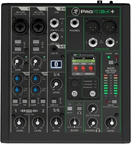Vista 2 de Mackie ProFX6v3+ Mezclador analógico profesional de 6 canales con USB, preamplificadores de micrófono Onyx, motor de efectos GigFX y Bluetooth 2