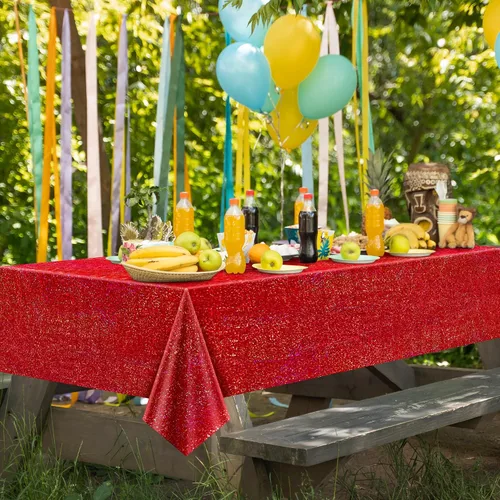 Vista 6 de Mantel de mesa láser de carnaval rojo y dorado de 40" x 108" brillante para Navidad, holográfico, de plástico, para fiestas de cumpleaños