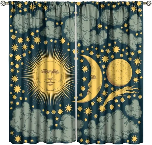 Vista 50 de Cortinas opacas con diseño de sol y luna, cuerpos celestes bohemios, con diseño de sol, luna y estrellas, para sala de estar, dormitorio, 42 x 45