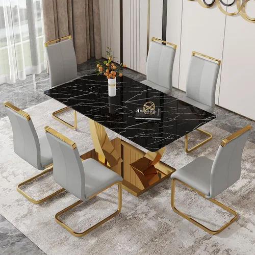 Vista 37 de Juego de mesa de comedor de 63 pulgadas para 4, juego de mesa de comedor dorado moderno para 4, juego de mesa de cocina de mármol sintético