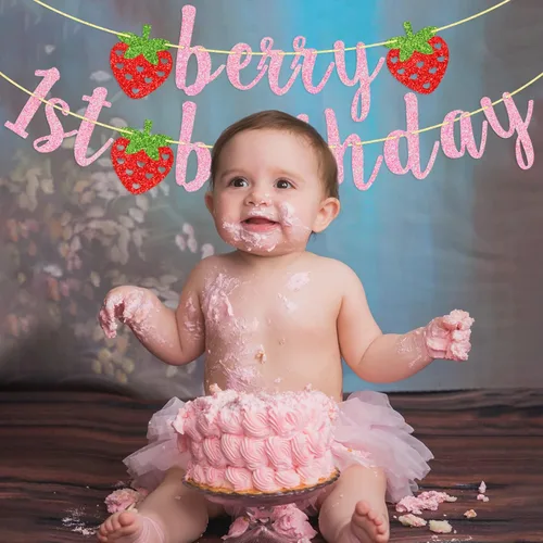Vista 7 de Cartel de primer cumpleaños de bayas, decoraciones de cumpleaños de fresa Rosa