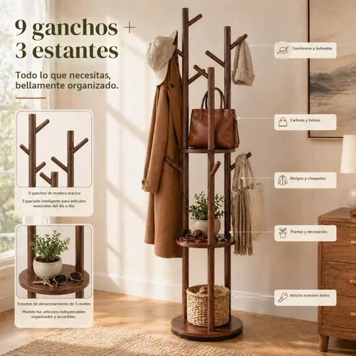 Vista 4 de Perchero giratorio de madera maciza independiente, árbol de 360° con 3 estantes y 9 ganchos, soporte de madera de caucho resistente, perchero