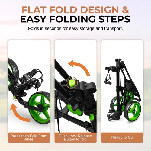 Vista 4 de JOVIAL Foldable 3 Wheel Junior Golf Push Cart, Lightweight Aluminum Pull Cart with Deluxe Scorecard Holder, Adjustable Handle, Quick Brake System