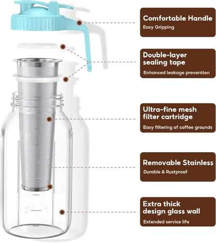 Vista 2 de Paquete de 2 tarros de café frío de 64 onzas, máquina de café frío de vidrio grueso con asa, filtro de acero inoxidable y tapa a prueba de fugas