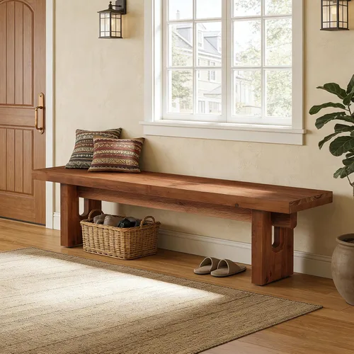 Vista 4 de Banco de madera maciza de 63 pulgadas, banco de comedor extra largo para mesa de cocina, banco de entrada de madera rústica, asiento