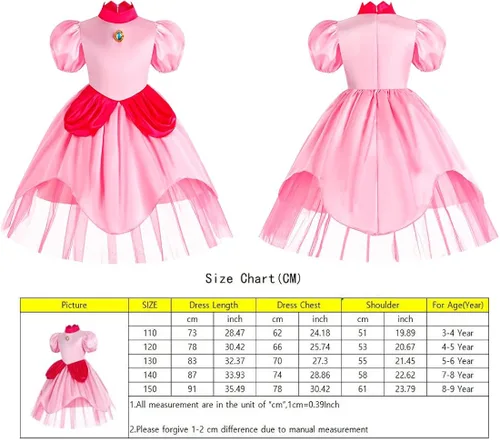 Vista 6 de Yipkorra Super Bros - Disfraz de princesa melocotón para niñas, disfraz de Halloween con accesorios