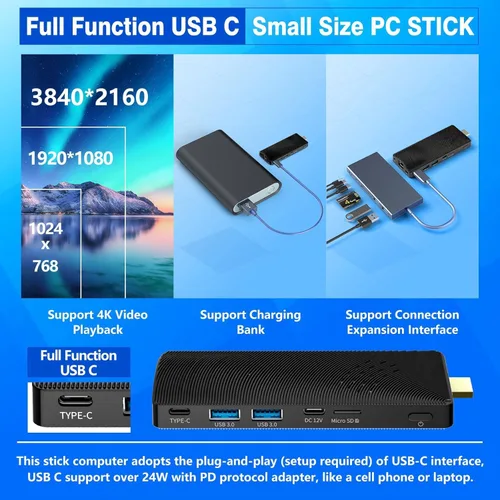 Vista 6 de Mini PC Stick Sin Ventilador, Celeron J4105, 8 GB de RAM 128 GB de Almacenamiento, Micro Computadora Stick Soporta 4K 60HZ HDMI, USB PD3.0, Gigabit