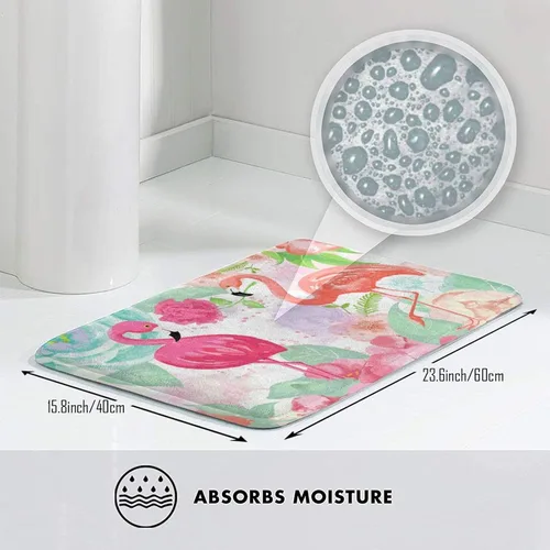 Vista 3 de Alfombra de baño tropical de flamenco para baño, tapetes de felpa pequeños, suaves, lavables, antideslizantes, absorbentes, alfombras de ducha