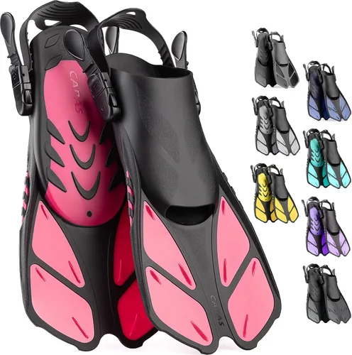 Vista 14 de CAPAS - Aletas de natación de talón abierto, tamaño de viaje, cortas, ajustables para buceo, adultos, hombres, mujeres y niños