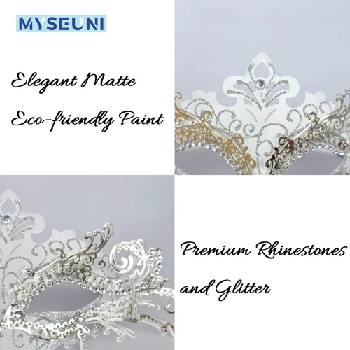 Vista 2 de Máscaras de máscaras para parejas Máscara veneciana de filigrana de metal brillante con diamantes de imitación y máscara veneciana para hombre