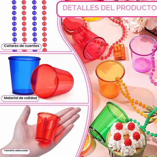Vista 3 de Paquete de 48 collares de cuentas de vidrio de chupito a granel, 2 onzas, divertidos vasos de plástico para cumpleaños, despedida de soltera