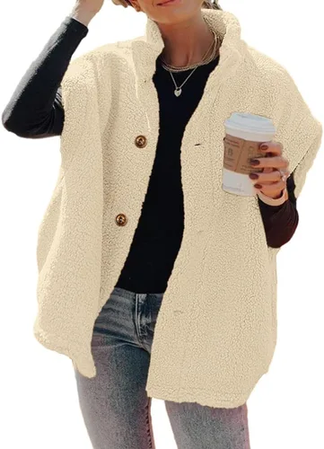 Vista 36 de Hongqizo - Chaleco de forro polar mullido para mujer, casual, de gran tamaño, cálido, con botones, chaqueta de sherpa con bolsillos