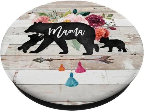 Vista 2 de Mama Bear Two Baby Cub Twins Rustic Barn Wood Boho Arrow - PopSockets Grip and Stand for Phones and Tablets, Negro