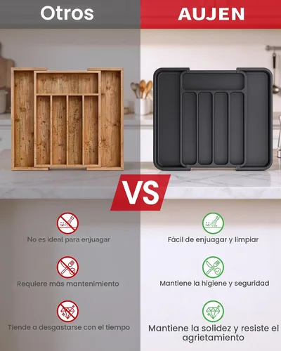 Vista 6 de Aujen Organizador de cubiertos – Organizador de cajones de cocina expandible, organizador de utensilios ajustable, bandeja de cubiertos