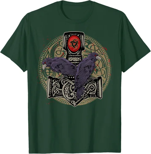 Vista 50 de Thors Hammer Mjolnir Huginn and Muninn Odin Raven - Camiseta, Negro, S