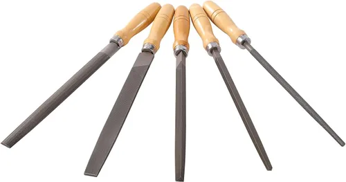 Vista 7 de Juego de limas de acero al carbono con asas de madera para madera, metal, plástico, 5 piezas (lima de acero, grande)