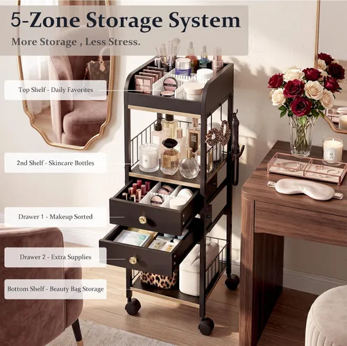 Vista 6 de Makeup Organizer Cart, Rolling Floor Skincare Organizer and Storage with 2 Wooden Drawers, Cosmetics Display Cases Holder for Skin Care Perfume Hair