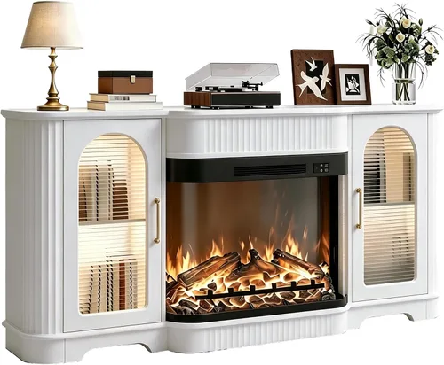 Vista 12 de Soporte de TV estriado de 70 pulgadas con chimenea eléctrica curvada Negro