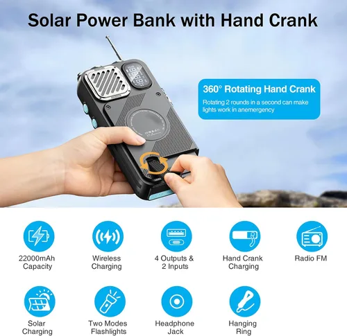 Vista 5 de Radio de emergencia y banco de energía solar de 22000 mAh, radio meteorológica FM NOAA, radio portátil con manivela Bluetooth, cargador de teléfono